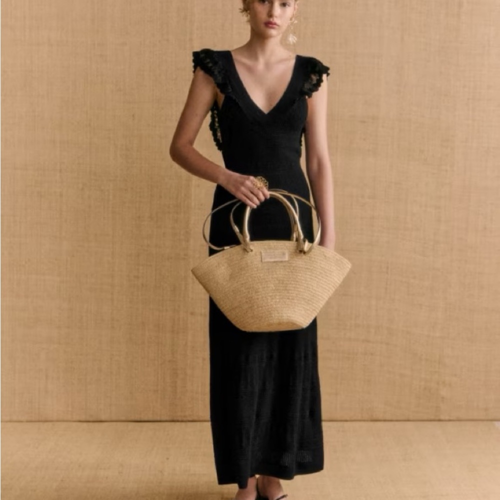 NWT Sézane Aphrodite Ruffle Sleeve Black Knit Maxi Dress Size Medium